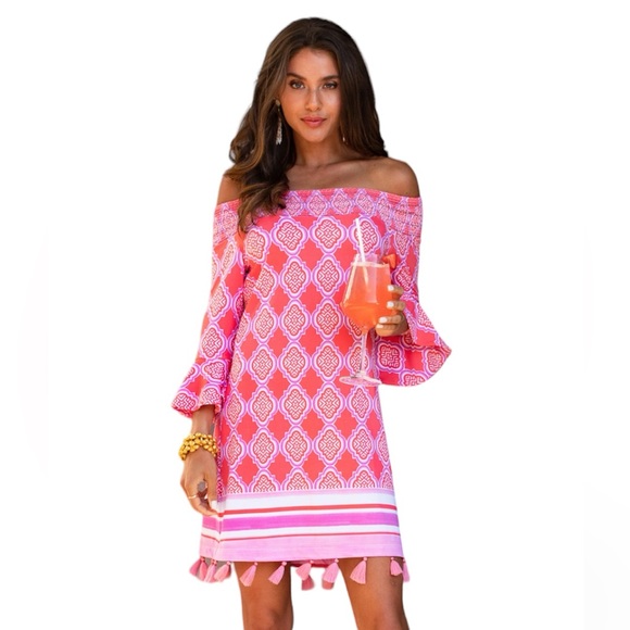 Cabana Life Dresses & Skirts - 🦋Cabana Life Coral Geo Coverlux Off the Shoulder
Smocked Dress UPF 50 size-